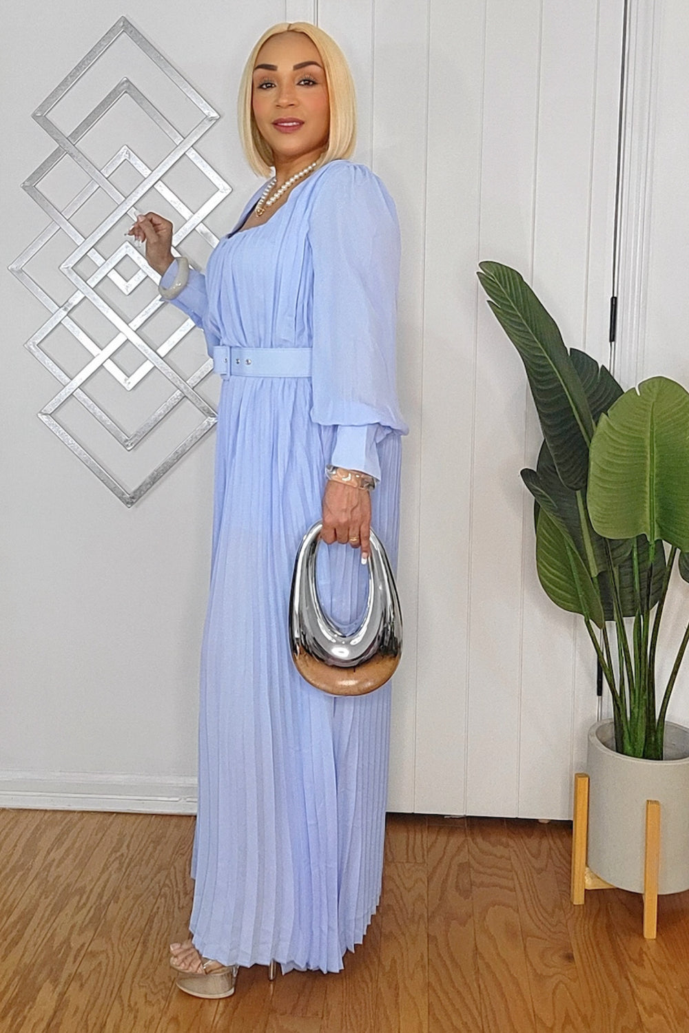 121524 Ice Blue Pleated Maxi Dress with Belt