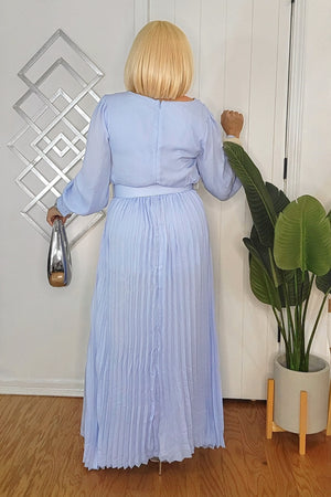 121524 Ice Blue Pleated Maxi Dress with Belt