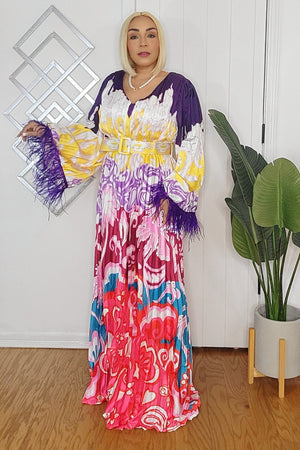 010925 Purple Print Feathers Long Sleeve Maxi Dress