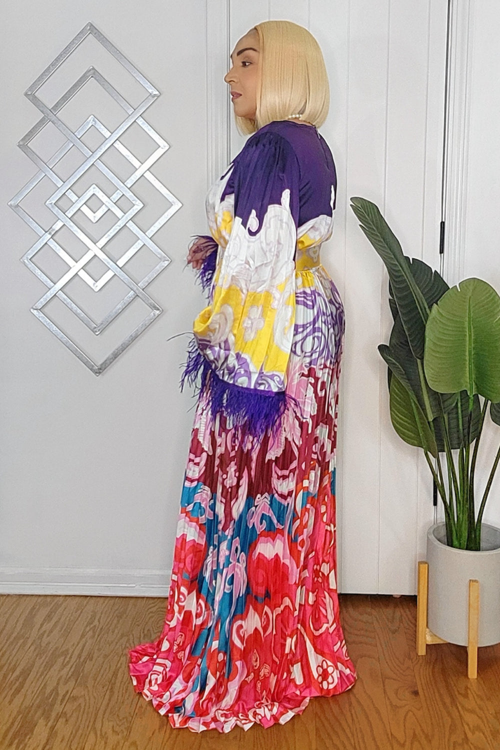 010925 Purple Print Feathers Long Sleeve Maxi Dress