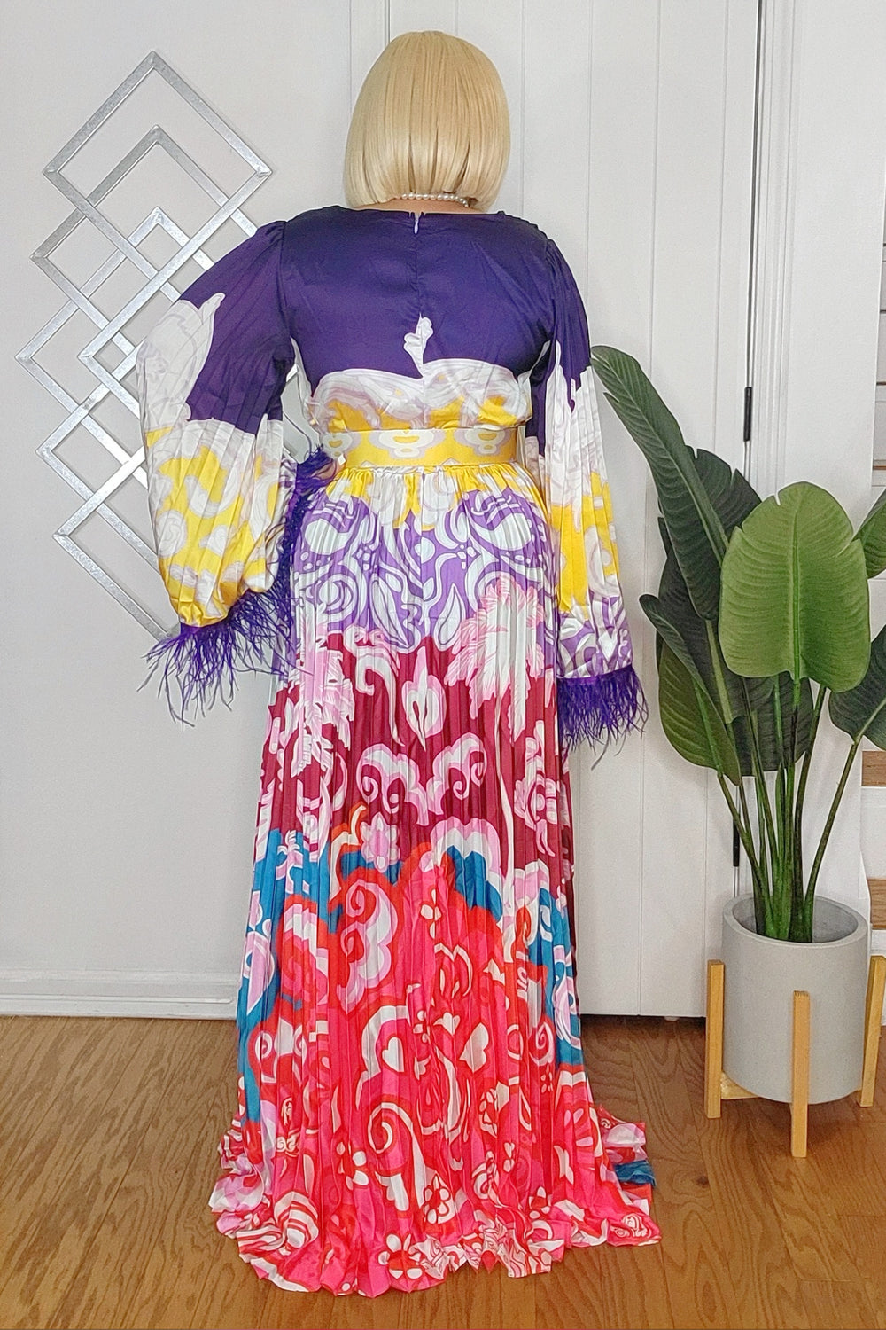 010925 Purple Print Feathers Long Sleeve Maxi Dress