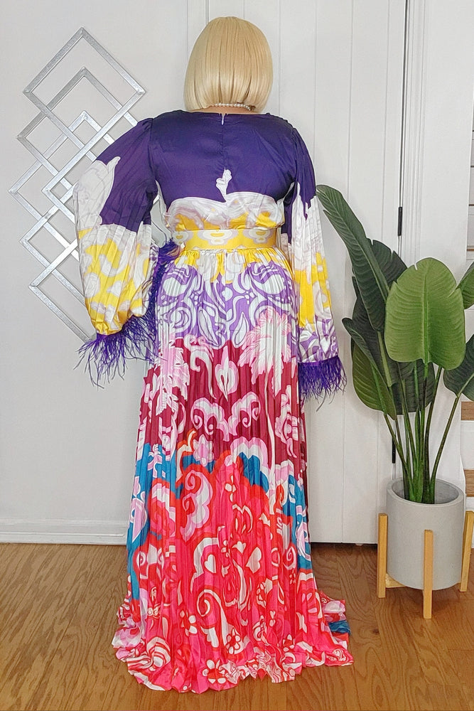 010925 Purple Print Feathers Long Sleeve Maxi Dress
