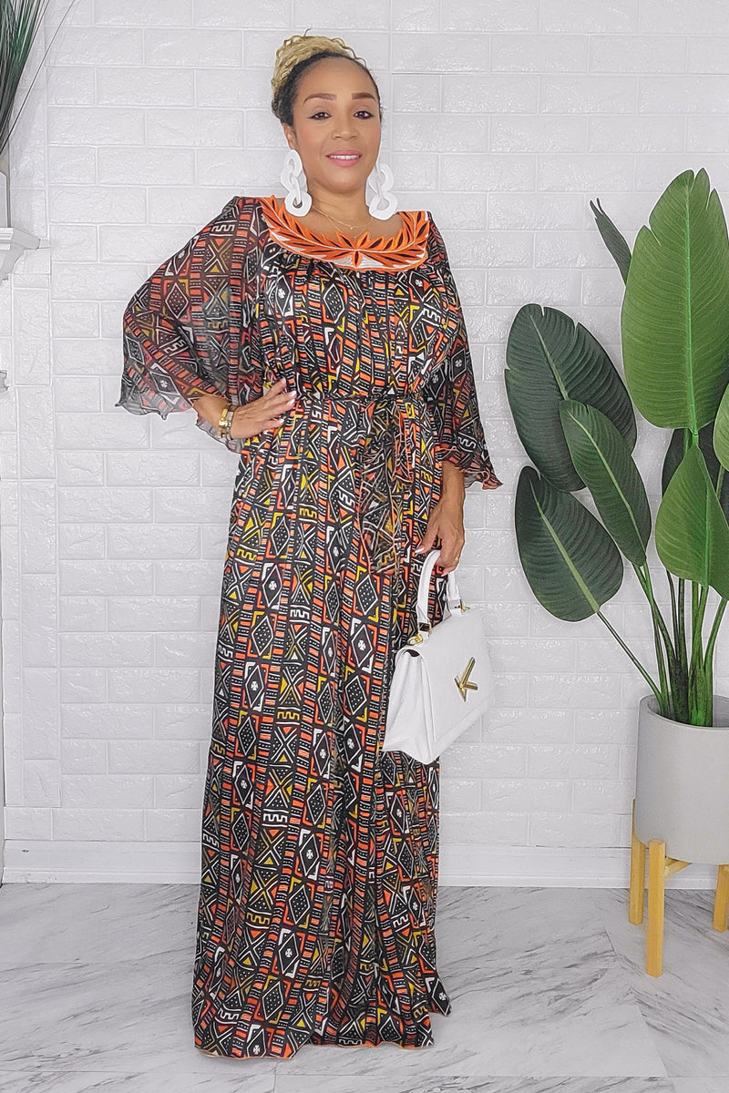 121623 The Black Bogolan Print  Handmade Embroidered African Print Maxi Dress