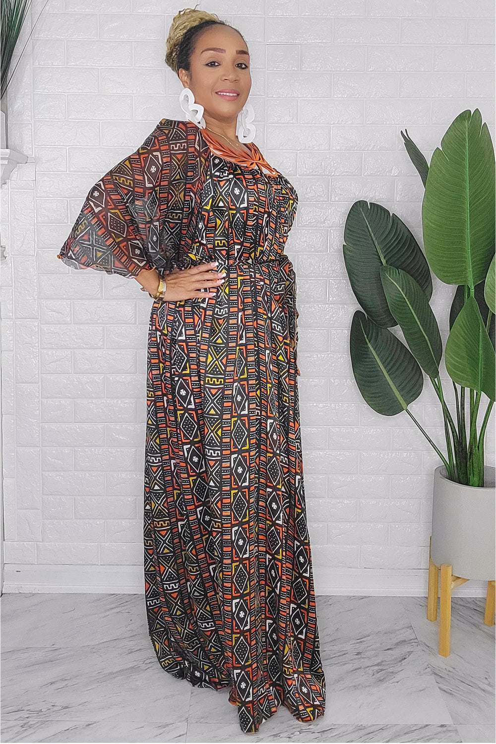 121623 The Black Bogolan Print  Handmade Embroidered African Print Maxi Dress
