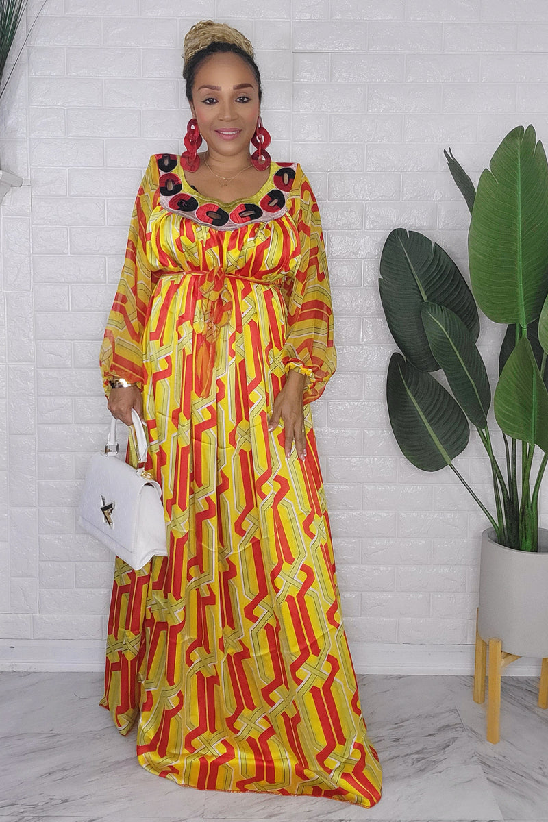 121623 The Yellow & Orange Handmade Embroidered African Print Maxi Dress