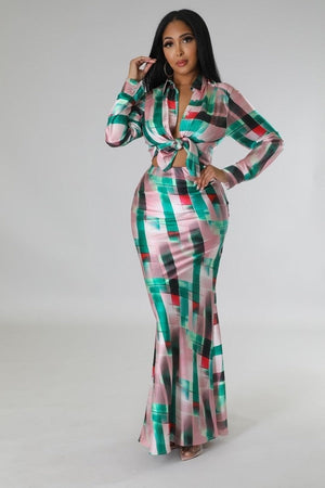 013124 The Green Collar Neck Silky High Waist Skirt and Shirt Set