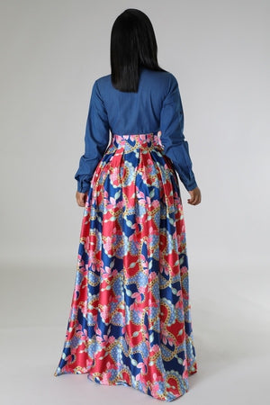 092823 The Classic Denim Style Top with Print Maxi Dress