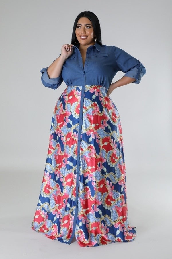092823 The Classic Denim Style Top with Print Maxi Dress