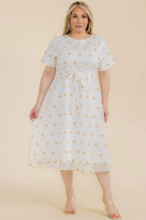 021225 Ivory Swiss Dot Short Self Tie Midi Dress