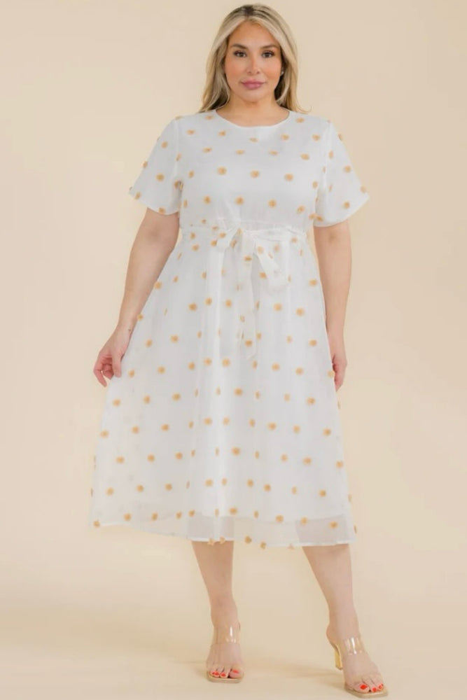 021225 Ivory Swiss Dot Short Self Tie Midi Dress