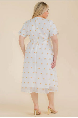 021225 Ivory Swiss Dot Short Self Tie Midi Dress