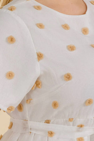 021225 Ivory Swiss Dot Short Self Tie Midi Dress