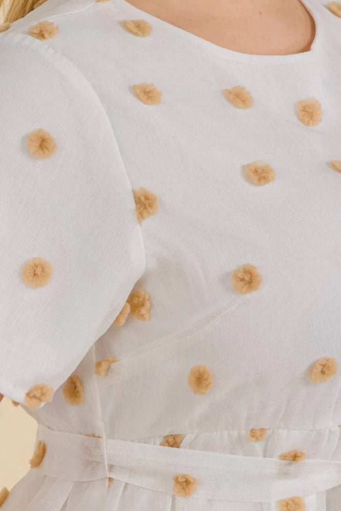 021225 Ivory Swiss Dot Short Self Tie Midi Dress