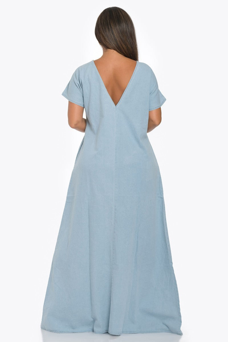 092823 The Light Blue Denim Short Sleeve Maxi Dress with Pocket