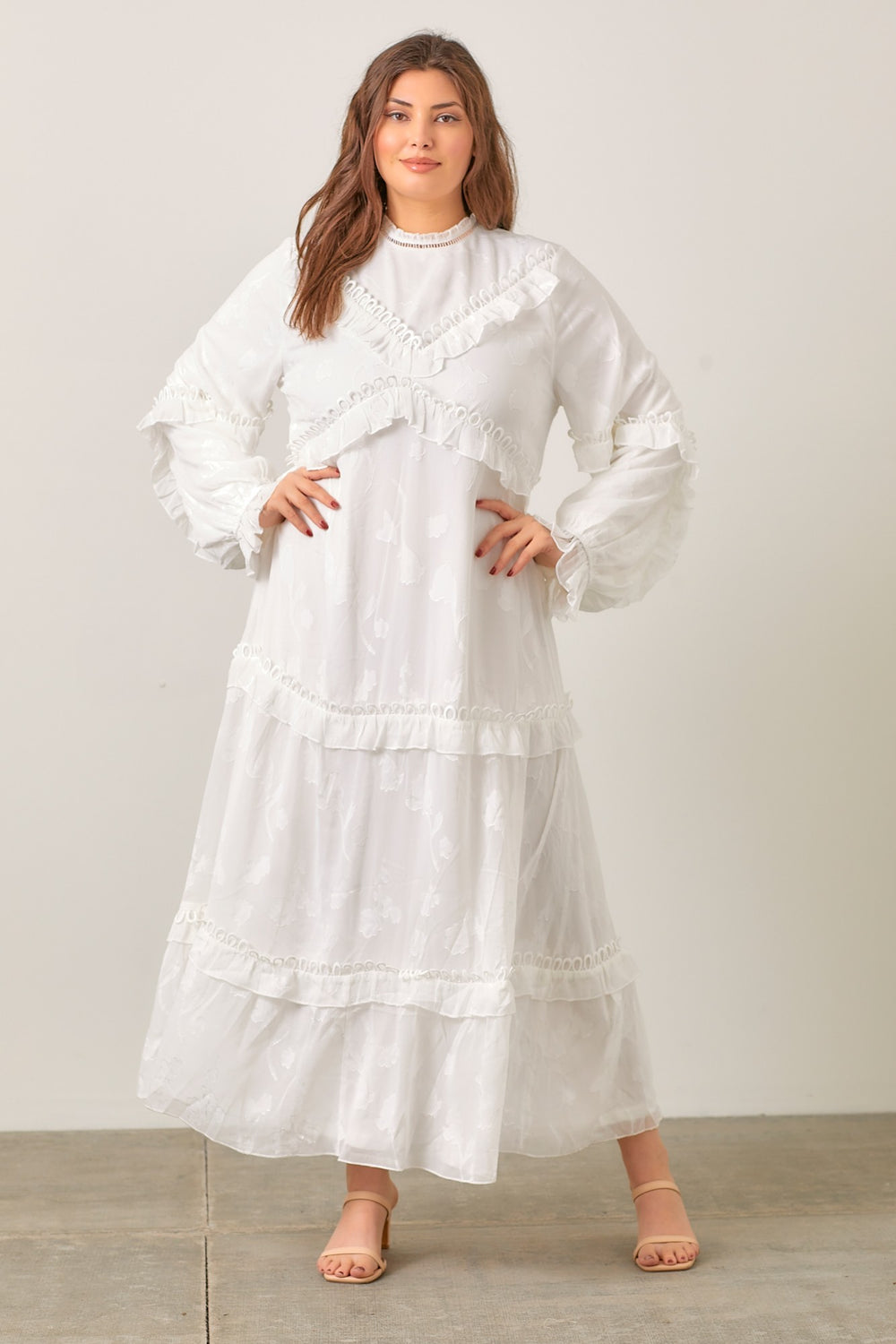021225 Eyelet Lace Trim Long Sleeve Maxi Dress