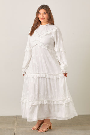 021225 Eyelet Lace Trim Long Sleeve Maxi Dress