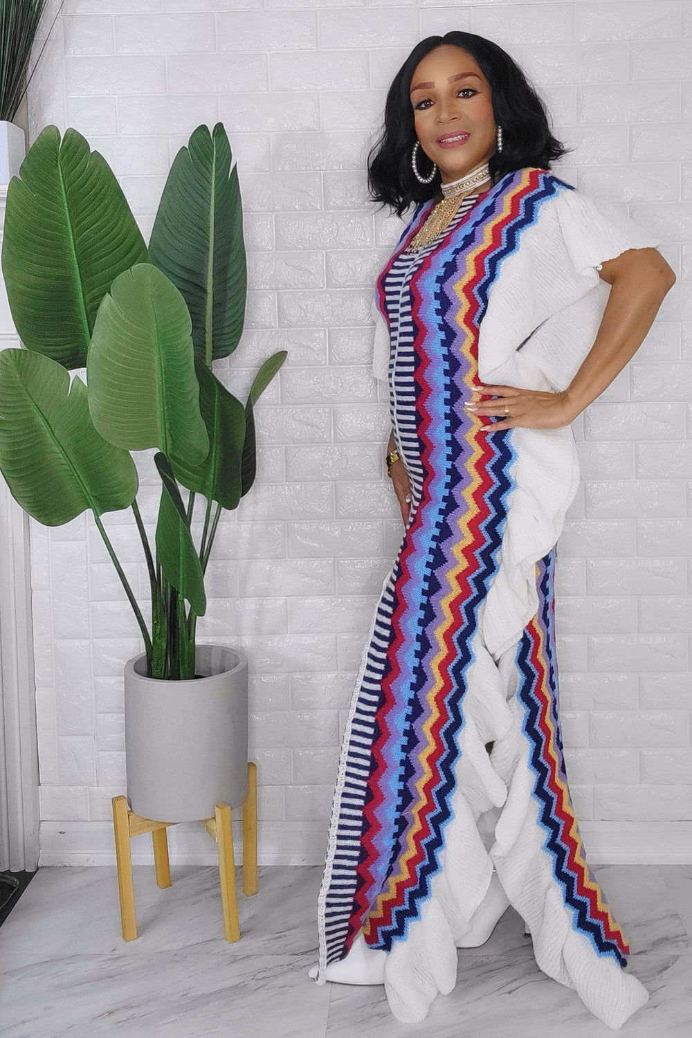 092823 The Blue Multi Knitted Split Detail Maxi Dress