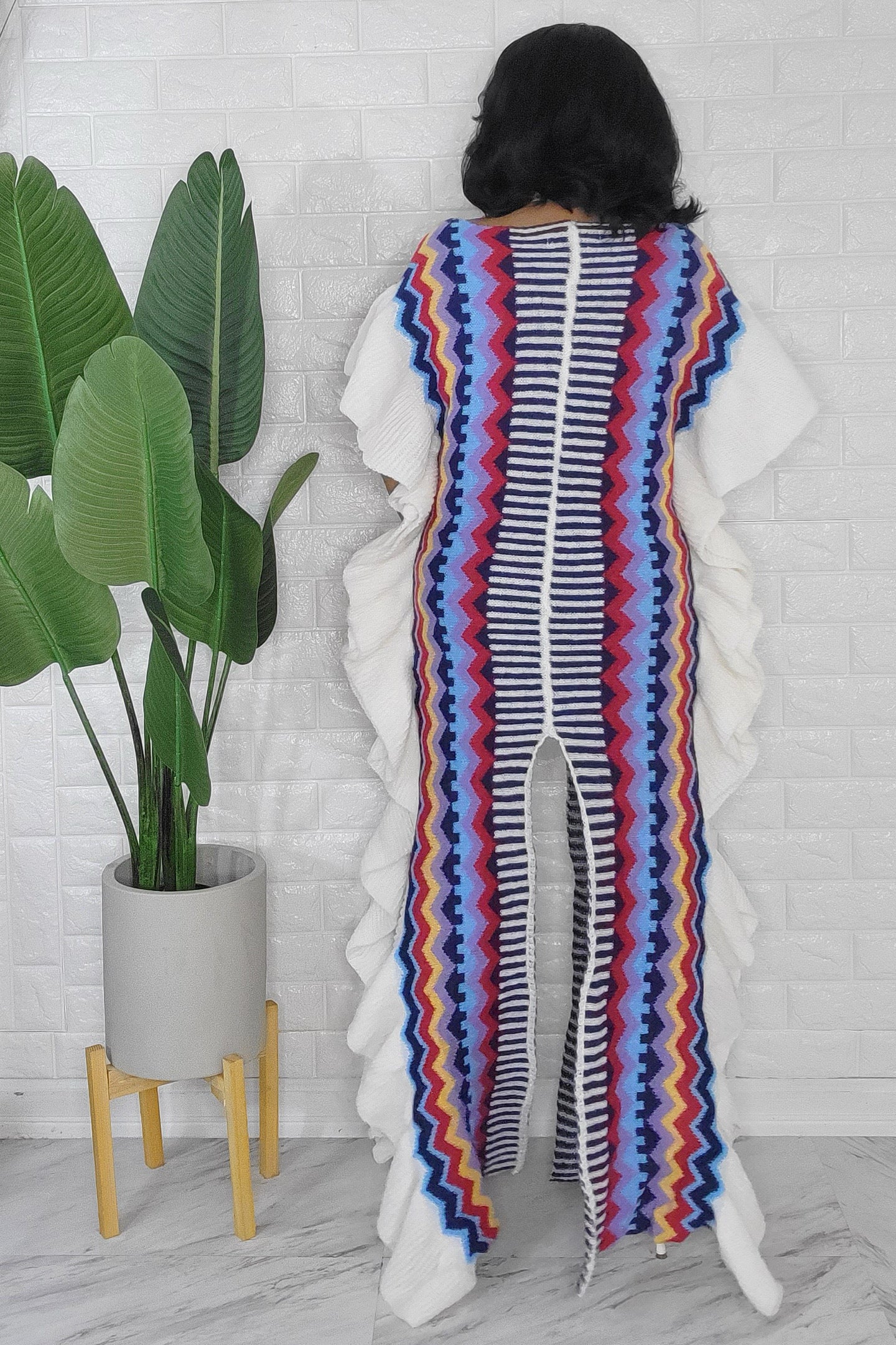 092823 The Blue Multi Knitted Split Detail Maxi Dress