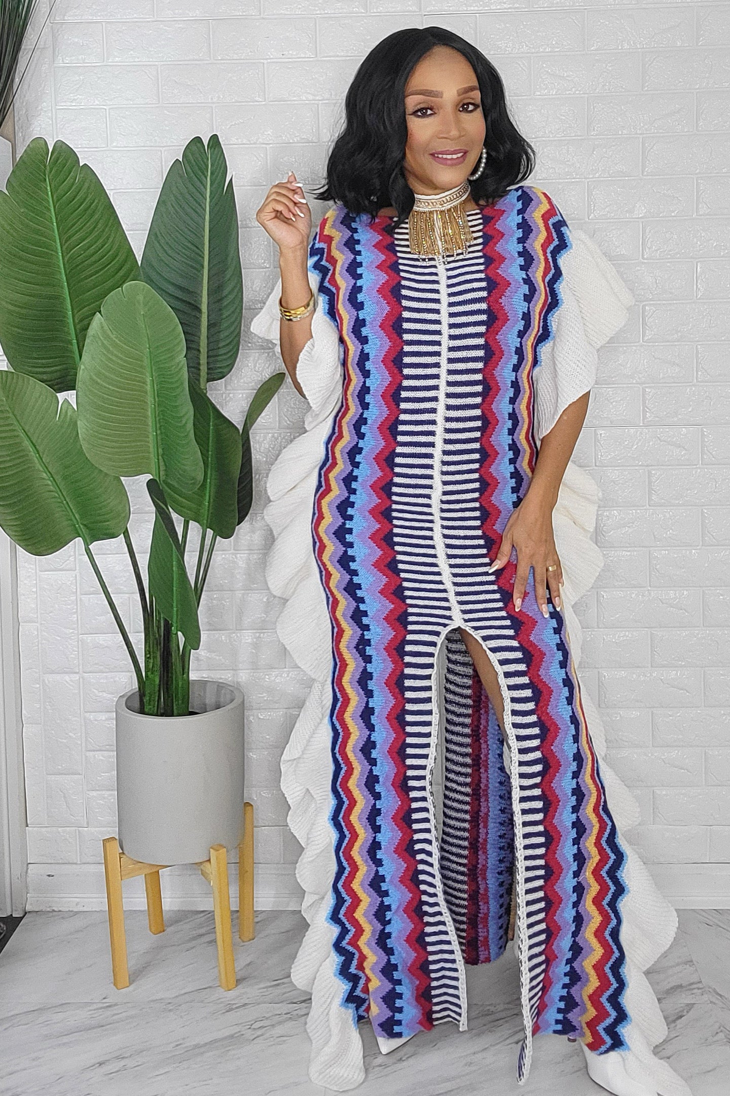 092823 The Blue Multi Knitted Split Detail Maxi Dress