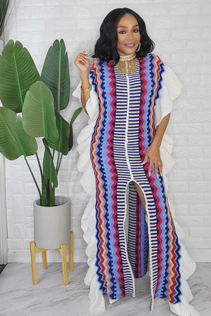 092823 The Blue Multi Knitted Split Detail Maxi Dress