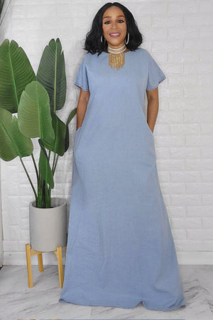 092823 The Light Blue Denim Short Sleeve Maxi Dress with Pocket