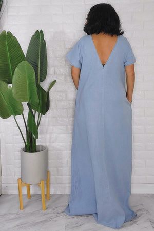 092823 The Light Blue Denim Short Sleeve Maxi Dress with Pocket