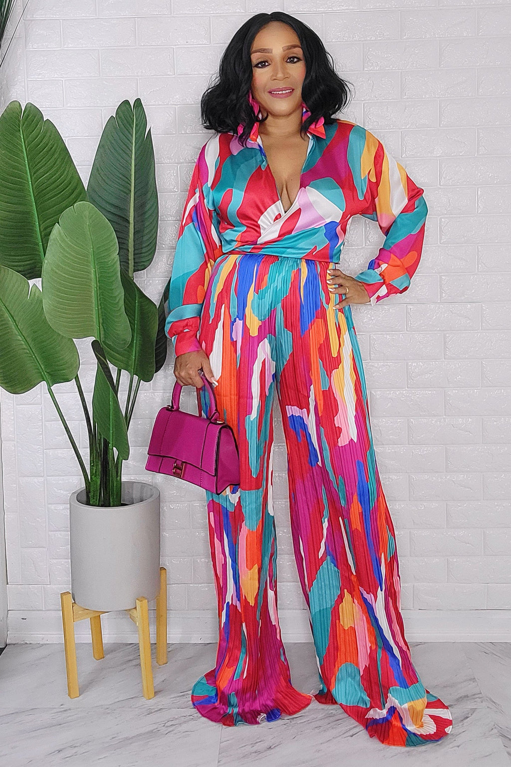 013124 The Chic Colorful Front Tie Blouse and Wide Leg Pant