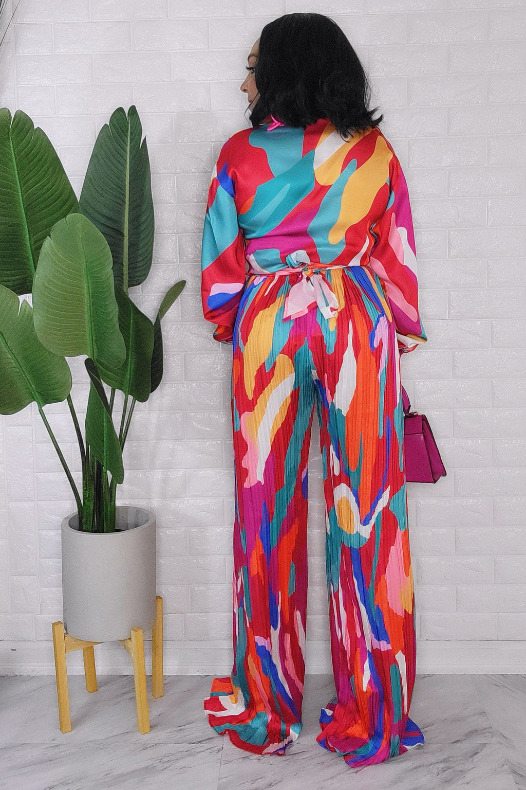 013124 The Chic Colorful Front Tie Blouse and Wide Leg Pant