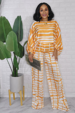 092823 The Mustard Satin Crew Loose Neck Top and High Waist Pant Set