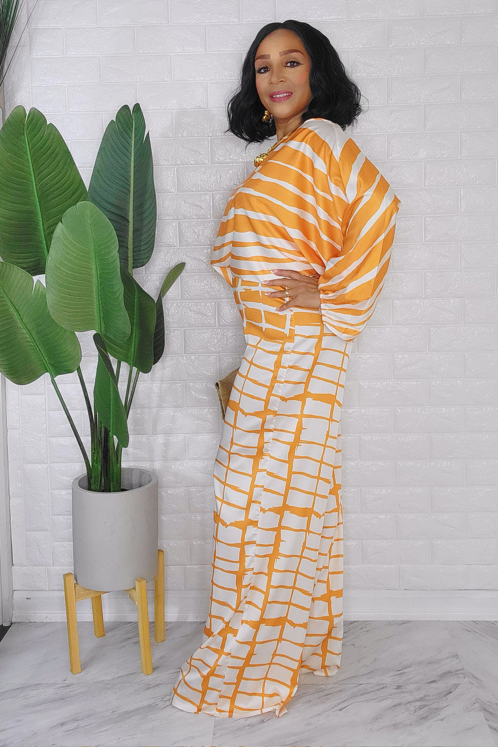 092823 The Mustard Satin Crew Loose Neck Top and High Waist Pant Set