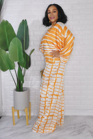 092823 The Mustard Satin Crew Loose Neck Top and High Waist Pant Set