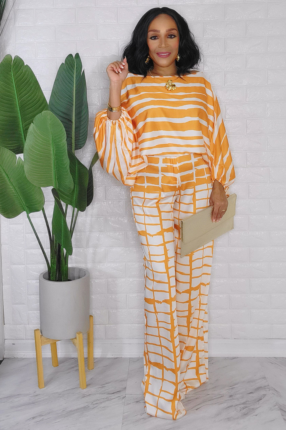 092823 The Mustard Satin Crew Loose Neck Top and High Waist Pant Set