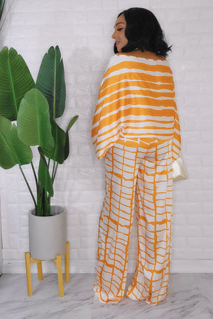 092823 The Mustard Satin Crew Loose Neck Top and High Waist Pant Set