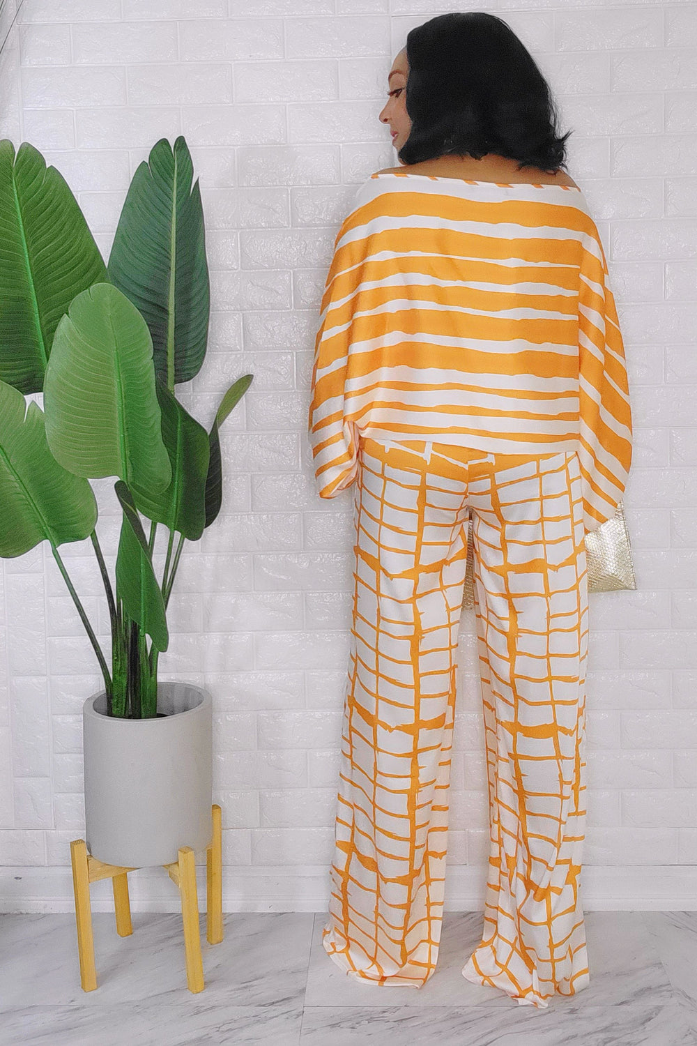 092823 The Mustard Satin Crew Loose Neck Top and High Waist Pant Set