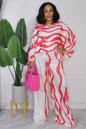 092823 The Satin Cream/Pink Crew neck Long Sleeve Top and Pant Set