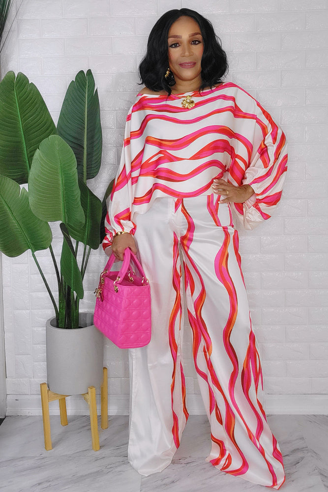 092823 The Satin Cream/Pink Crew neck Long Sleeve Top and Pant Set