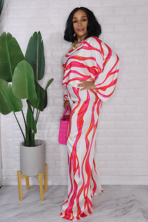 092823 The Satin Cream/Pink Crew neck Long Sleeve Top and Pant Set