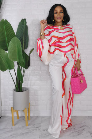 092823 The Satin Cream/Pink Crew neck Long Sleeve Top and Pant Set
