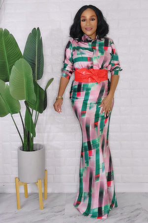 013124 The Green Collar Neck Silky High Waist Skirt and Shirt Set