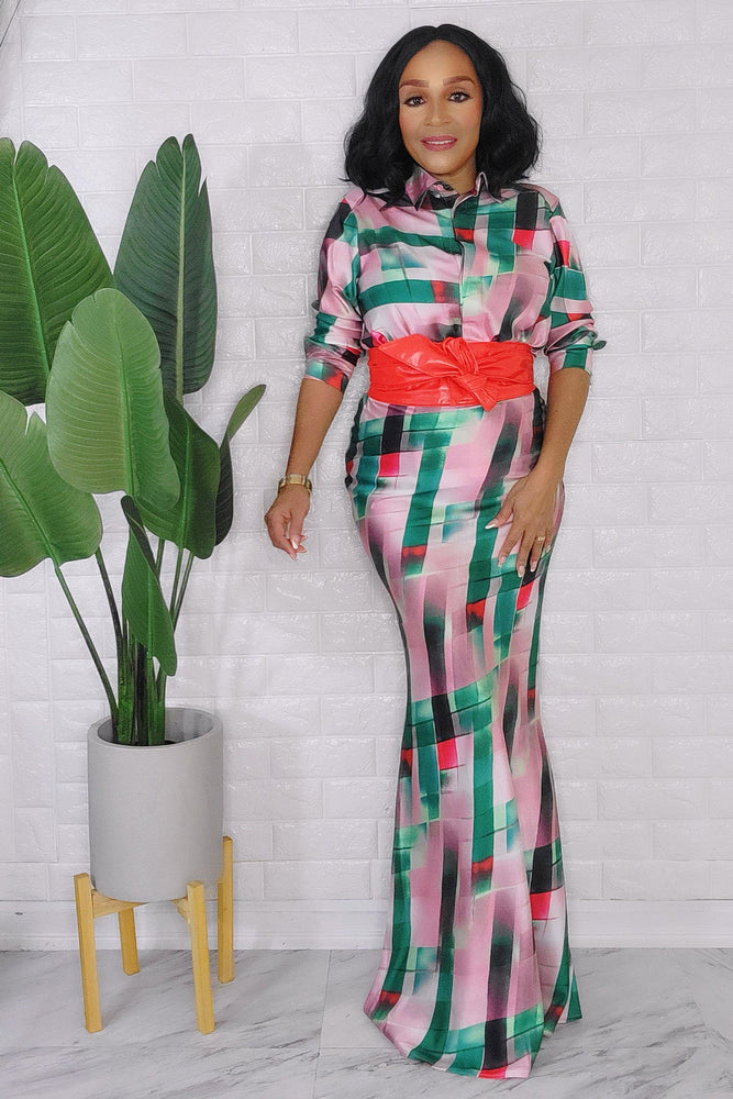 013124 The Green Collar Neck Silky High Waist Skirt and Shirt Set