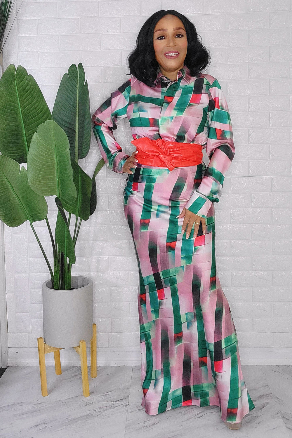 013124 The Green Collar Neck Silky High Waist Skirt and Shirt Set