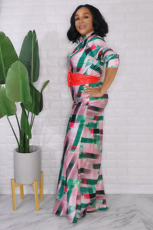 013124 The Green Collar Neck Silky High Waist Skirt and Shirt Set