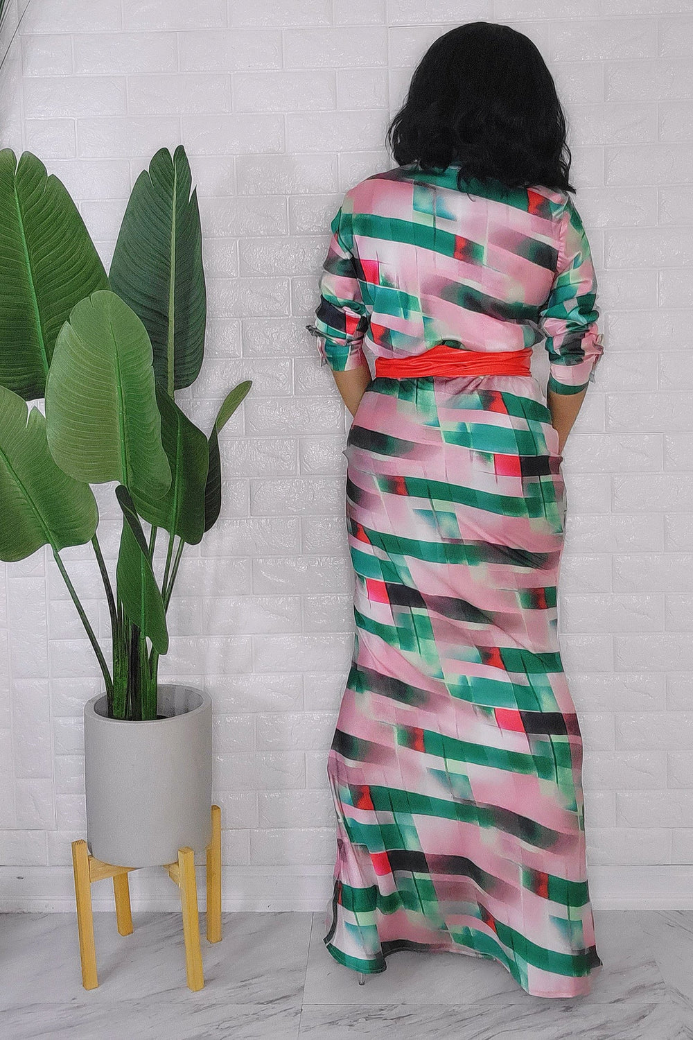 013124 The Green Collar Neck Silky High Waist Skirt and Shirt Set