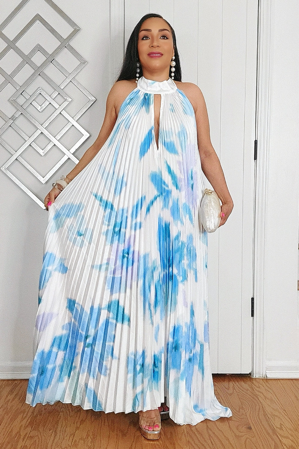 020525 The Blue Tie Dye Pleated Key Hole Open Back Maxi Dress