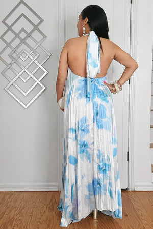 020525 The Blue Tie Dye Pleated Key Hole Open Back Maxi Dress