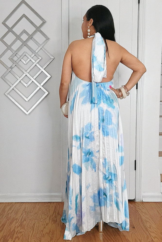 020525 The Blue Tie Dye Pleated Key Hole Open Back Maxi Dress