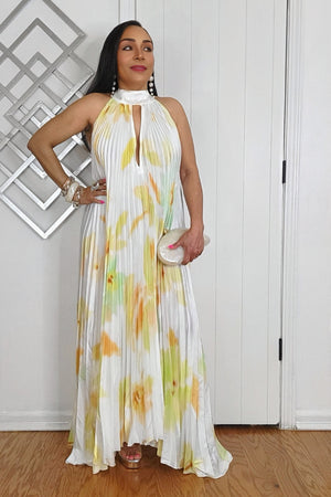 020525 The Lime Tie Dye Pleated Key Hole Open Back Maxi Dress