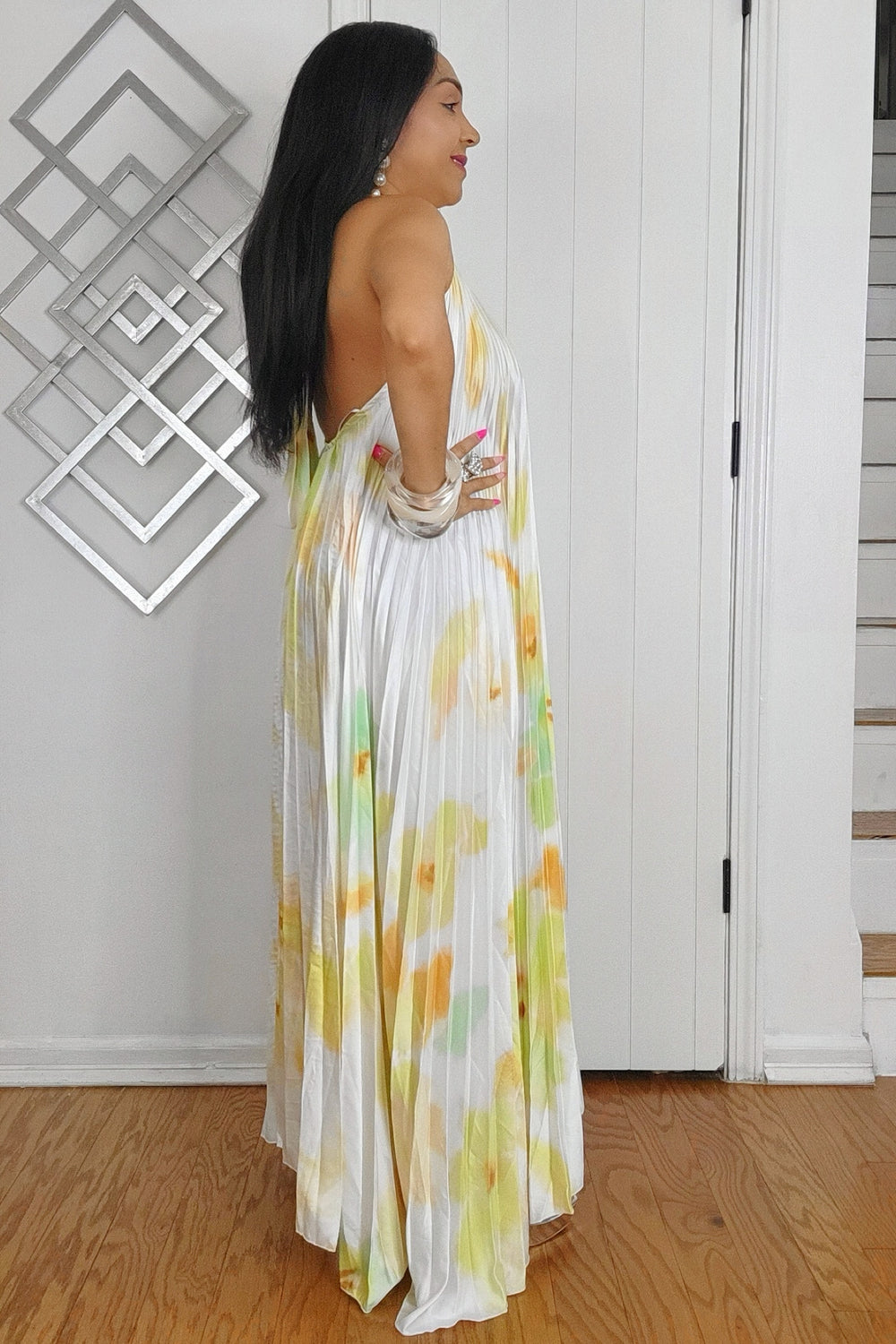020525 The Lime Tie Dye Pleated Key Hole Open Back Maxi Dress