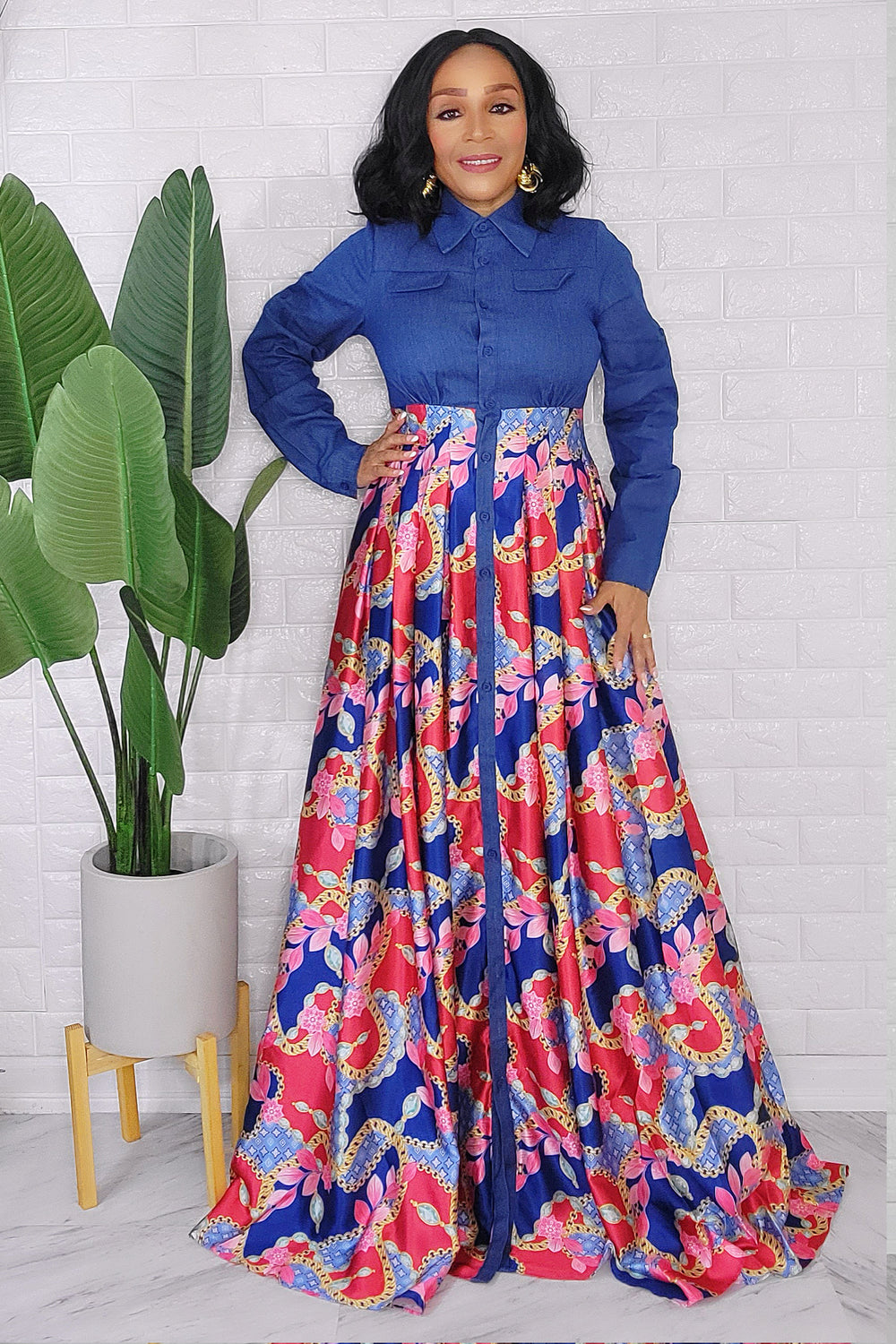 092823 The Classic Denim Style Top with Print Maxi Dress