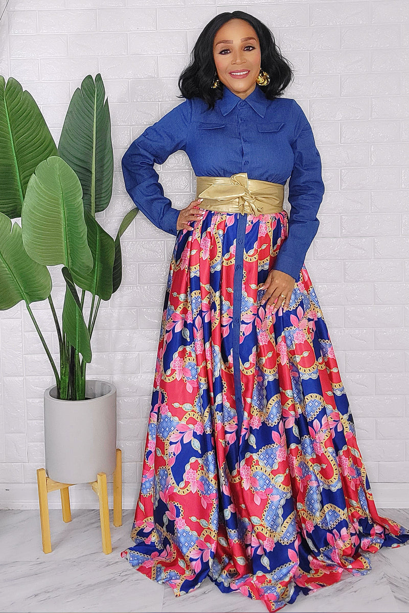 092823 The Classic Denim Style Top with Print Maxi Dress